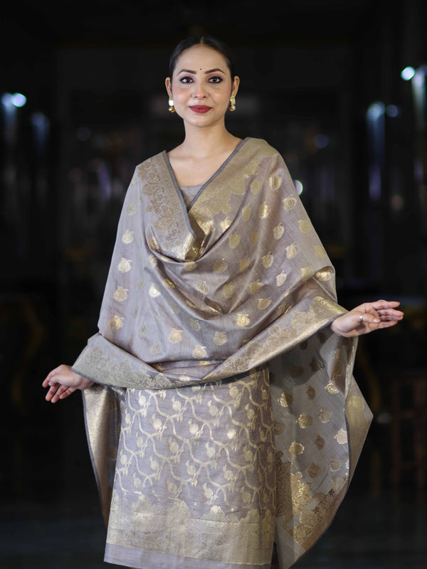 Banarasee Cotton Silk Zari Work Salwar Kameez Fabric With Dupatta Set-Brown