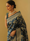 Banarasee Handwoven Semi-Katan Zari Jaal & Border Saree-Cobalt Blue