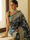 Banarasee Handwoven Semi-Katan Zari Jaal & Border Saree-Cobalt Blue