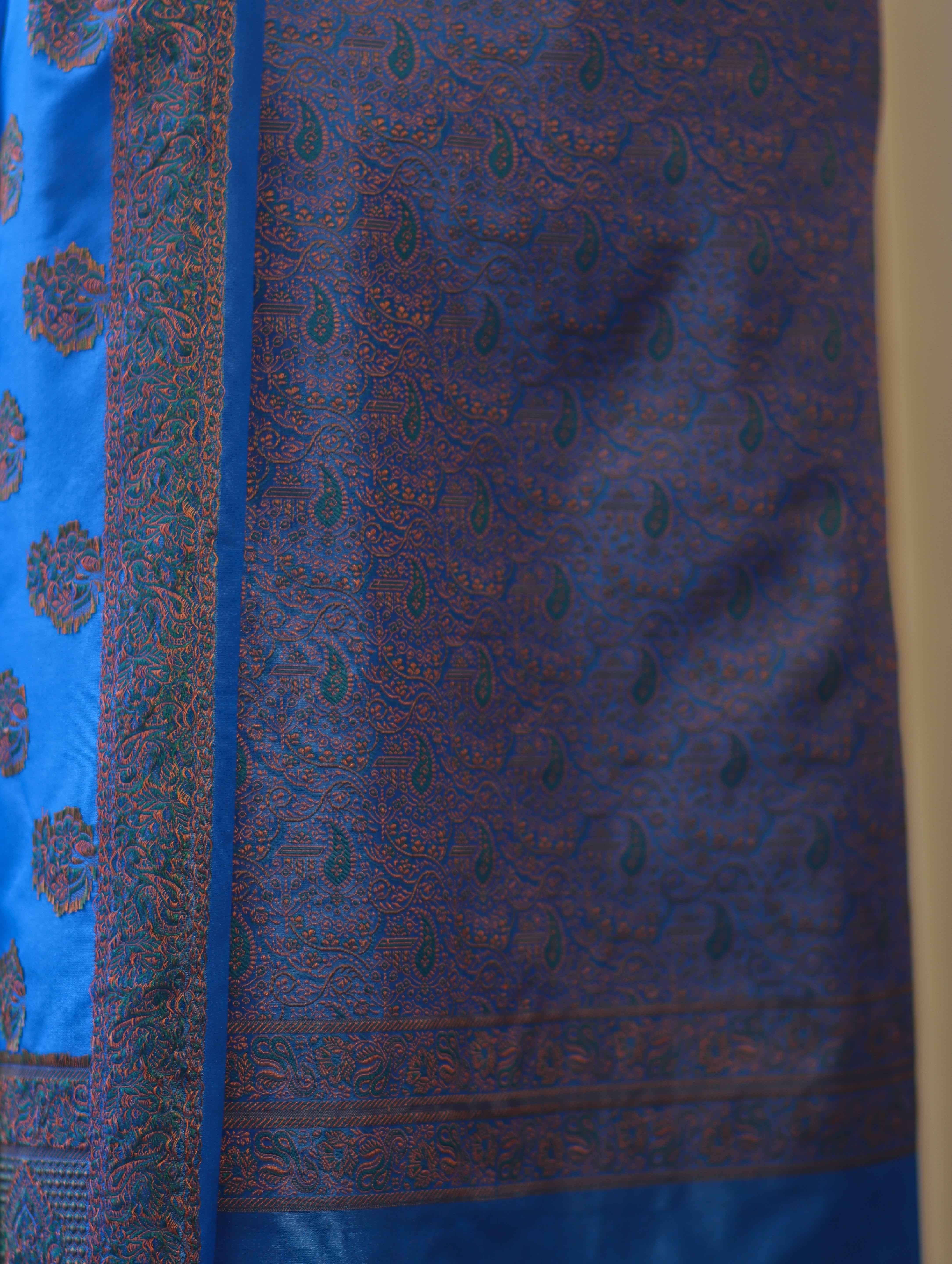 Banarasee Semi Katan Jamewar Weaving Salwar Kameez Fabric With Dupatta Set-Blue