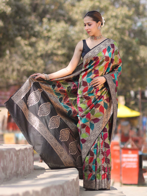 Banarasee Handwoven Semi Katan Saree With Rangkat Design & Gold Zari Work-Black