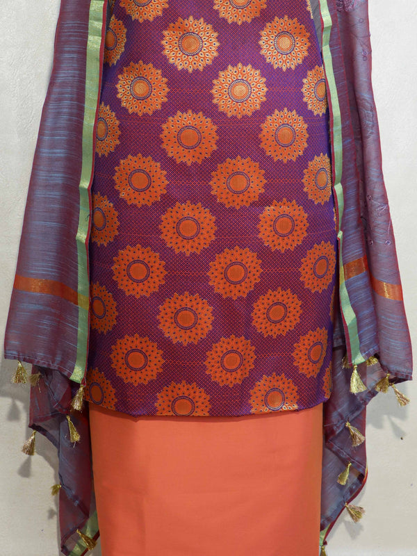 Banarasee Art Silk Salwar Kameez Fabric With Contrast Semi Silk Dupatta Set-Orange & Violet