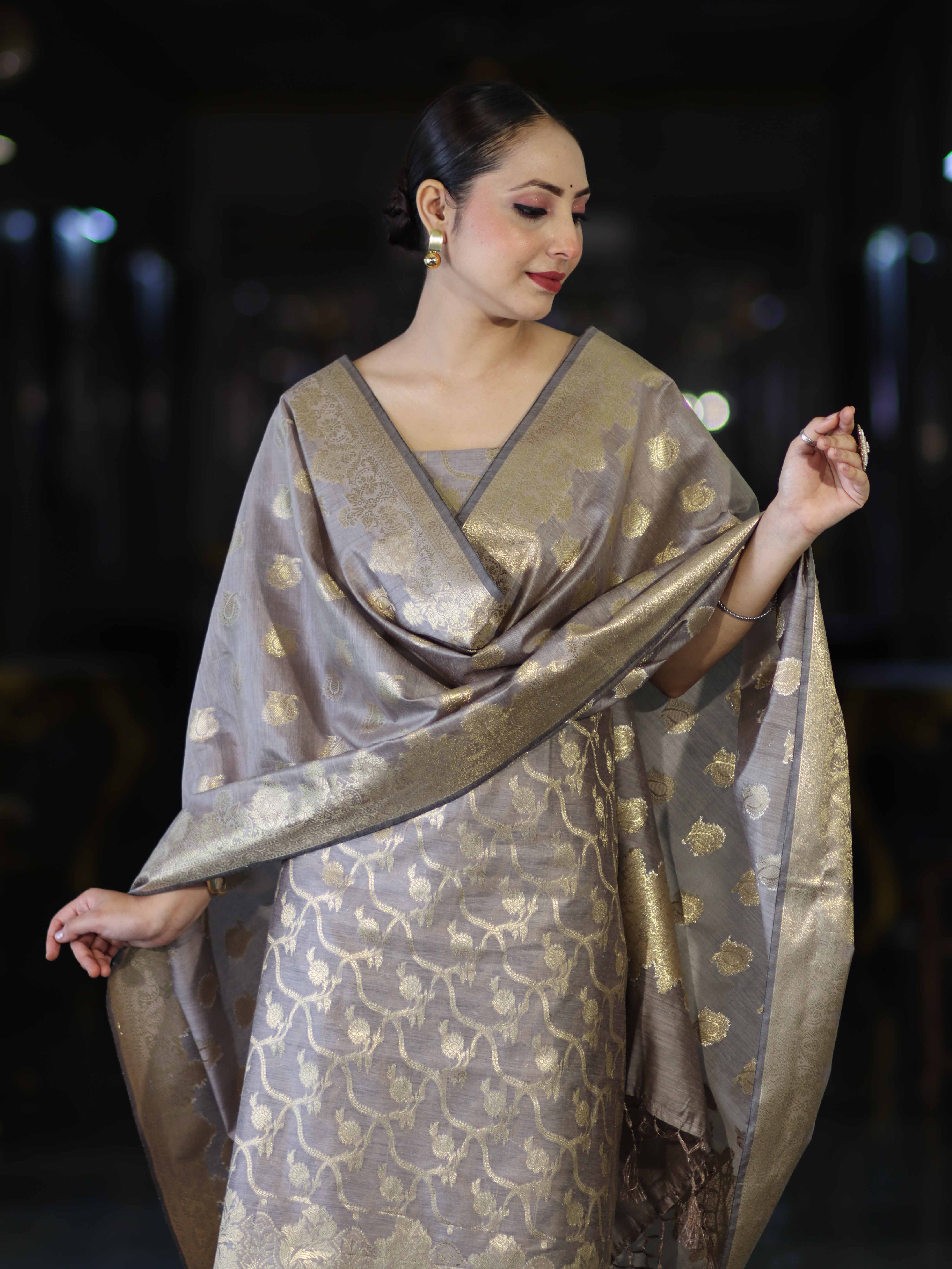 Banarasee Cotton Silk Zari Work Salwar Kameez Fabric With Dupatta Set-Brown