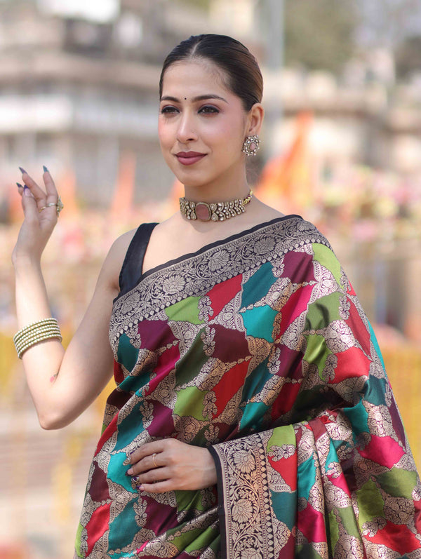 Banarasee Handwoven Semi Katan Saree With Rangkat Design & Gold Zari Work-Black