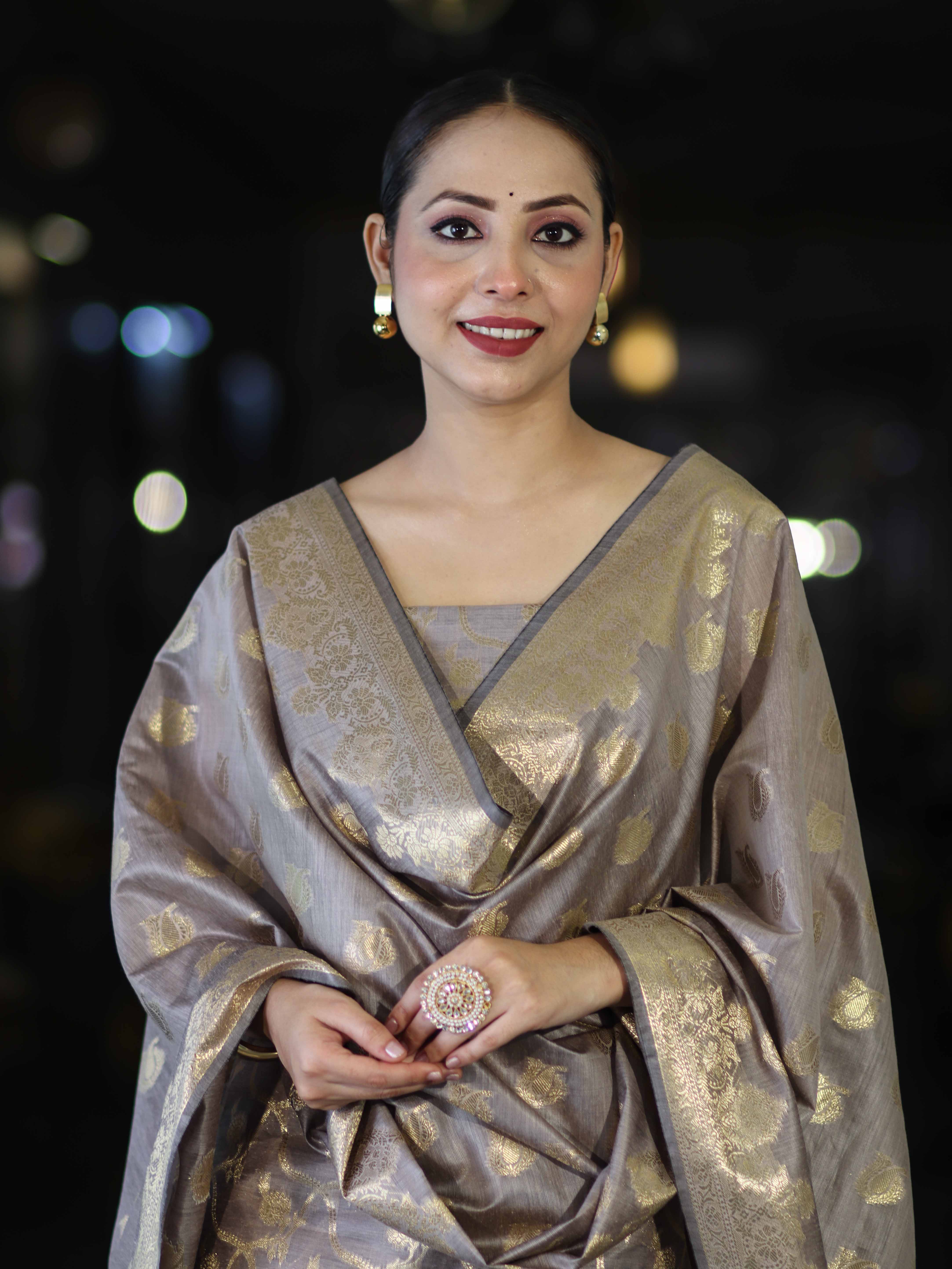 Banarasee Cotton Silk Zari Work Salwar Kameez Fabric With Dupatta Set-Brown
