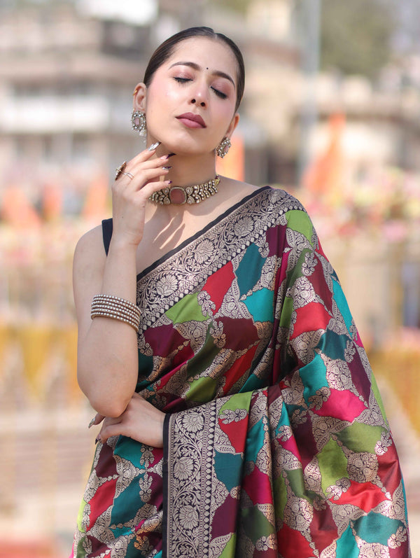 Banarasee Handwoven Semi Katan Saree With Rangkat Design & Gold Zari Work-Black