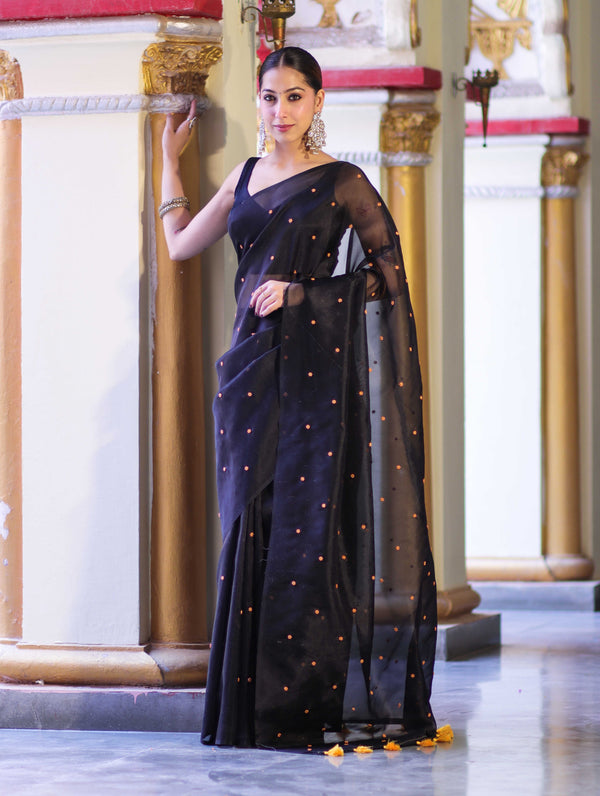 Banarasee Handwoven Tissue Saree With Handwoven Pearl Motifs-Black