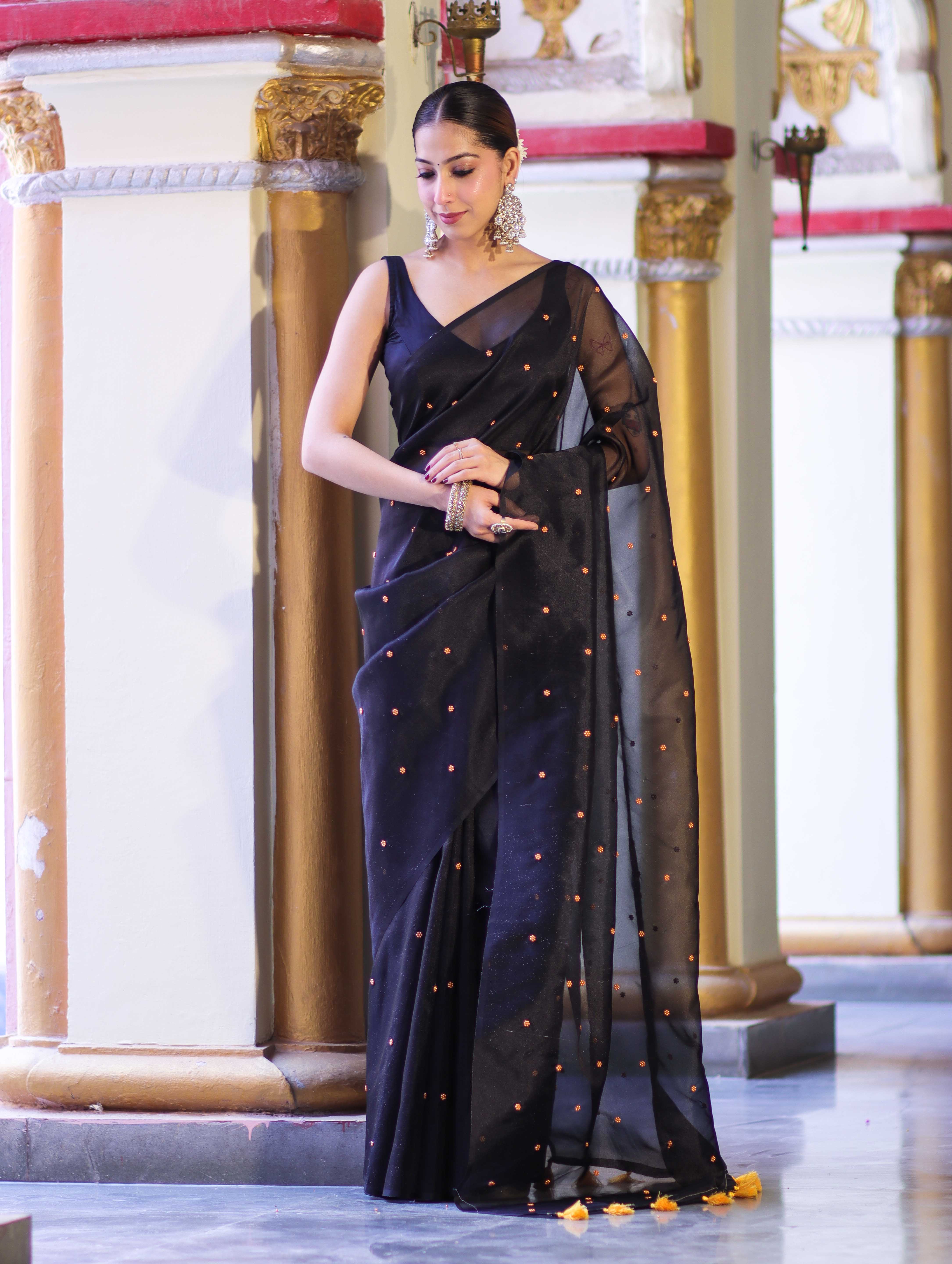 Banarasee Handwoven Tissue Saree With Handwoven Pearl Motifs-Black