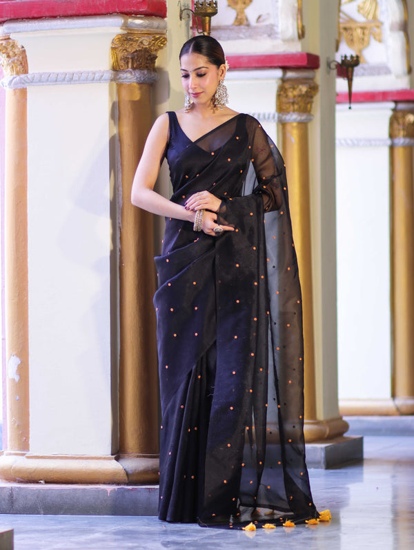 Banarasee Handwoven Tissue Saree With Handwoven Pearl Motifs-Black