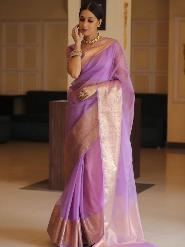 Banarasee Organza Mix Saree With Zari Border-Lavender