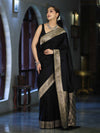 Banarasee Handloom Plain Semi Katan Saree With Gold Zari Border-Black