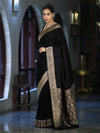 Banarasee Handloom Plain Semi Katan Saree With Gold Zari Border-Black