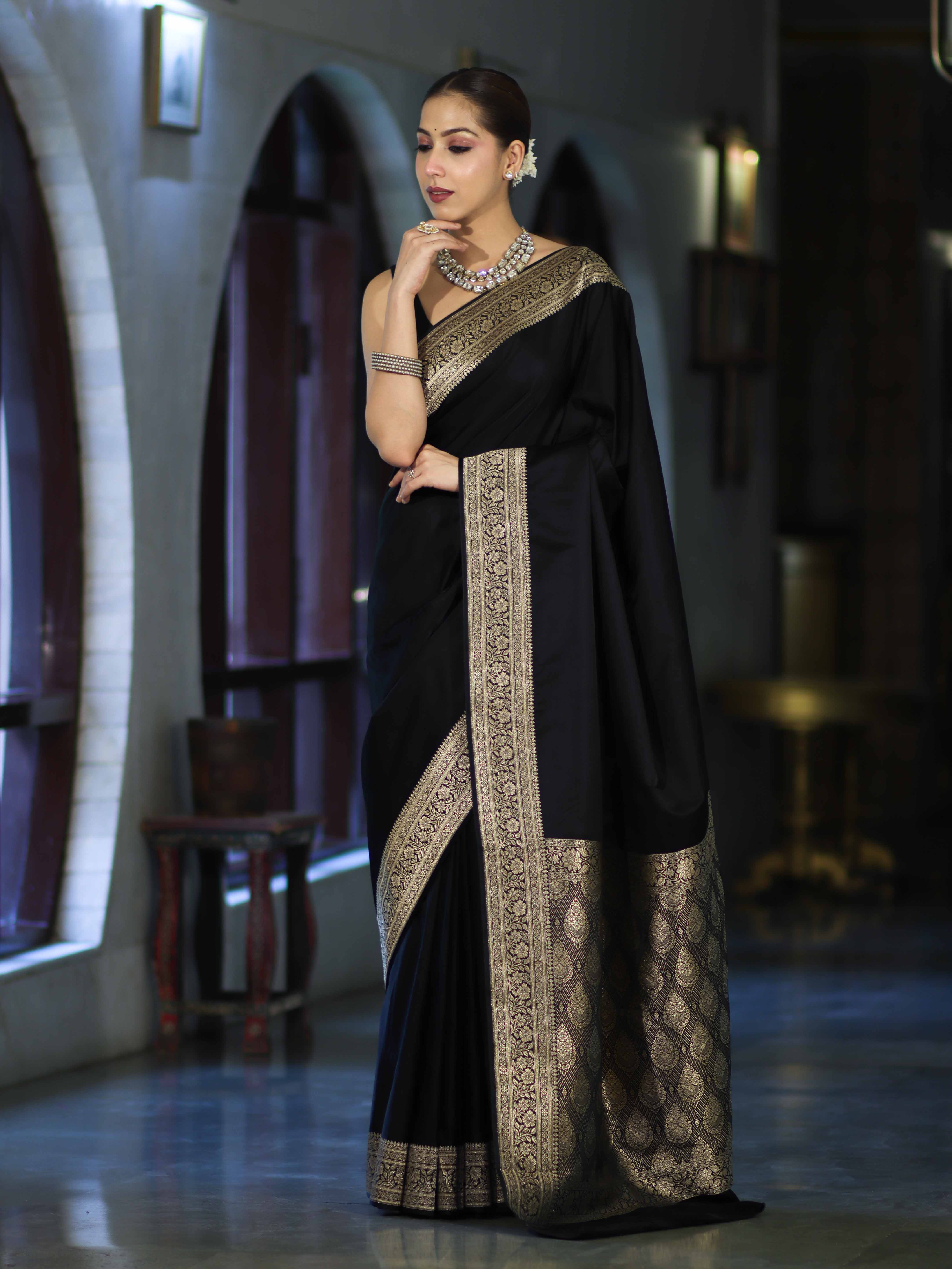 Banarasee Handloom Plain Semi Katan Saree With Gold Zari Border-Black