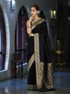 Banarasee Handloom Plain Semi Katan Saree With Gold Zari Border-Black
