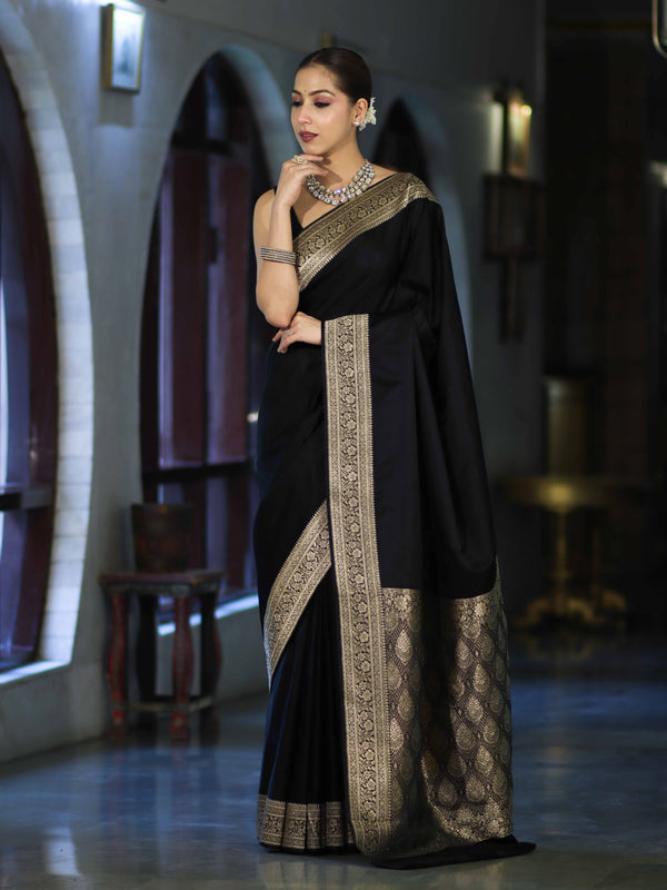 Banarasee Handloom Plain Semi Katan Saree With Gold Zari Border-Black