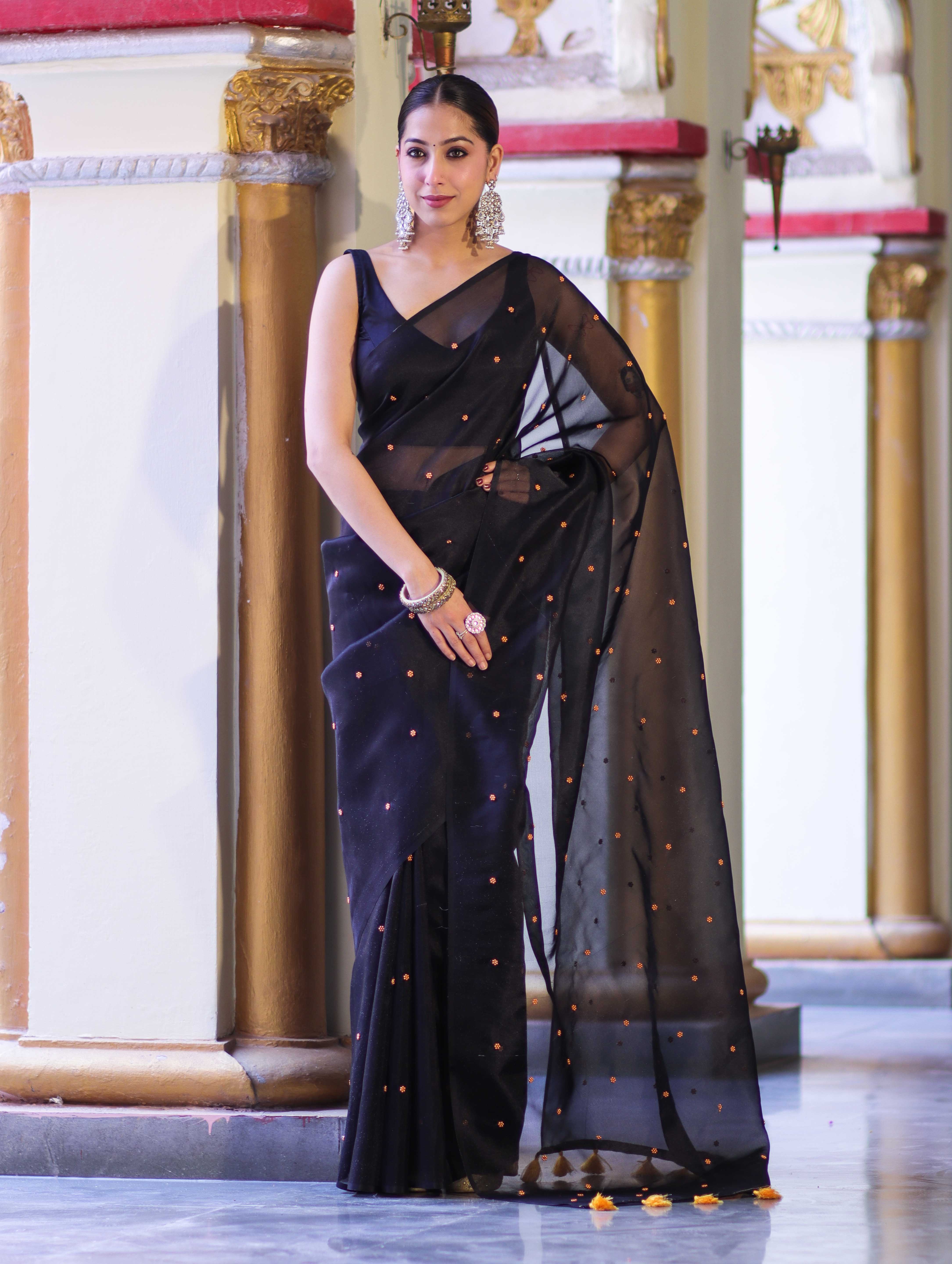 Banarasee Handwoven Tissue Saree With Handwoven Pearl Motifs-Black