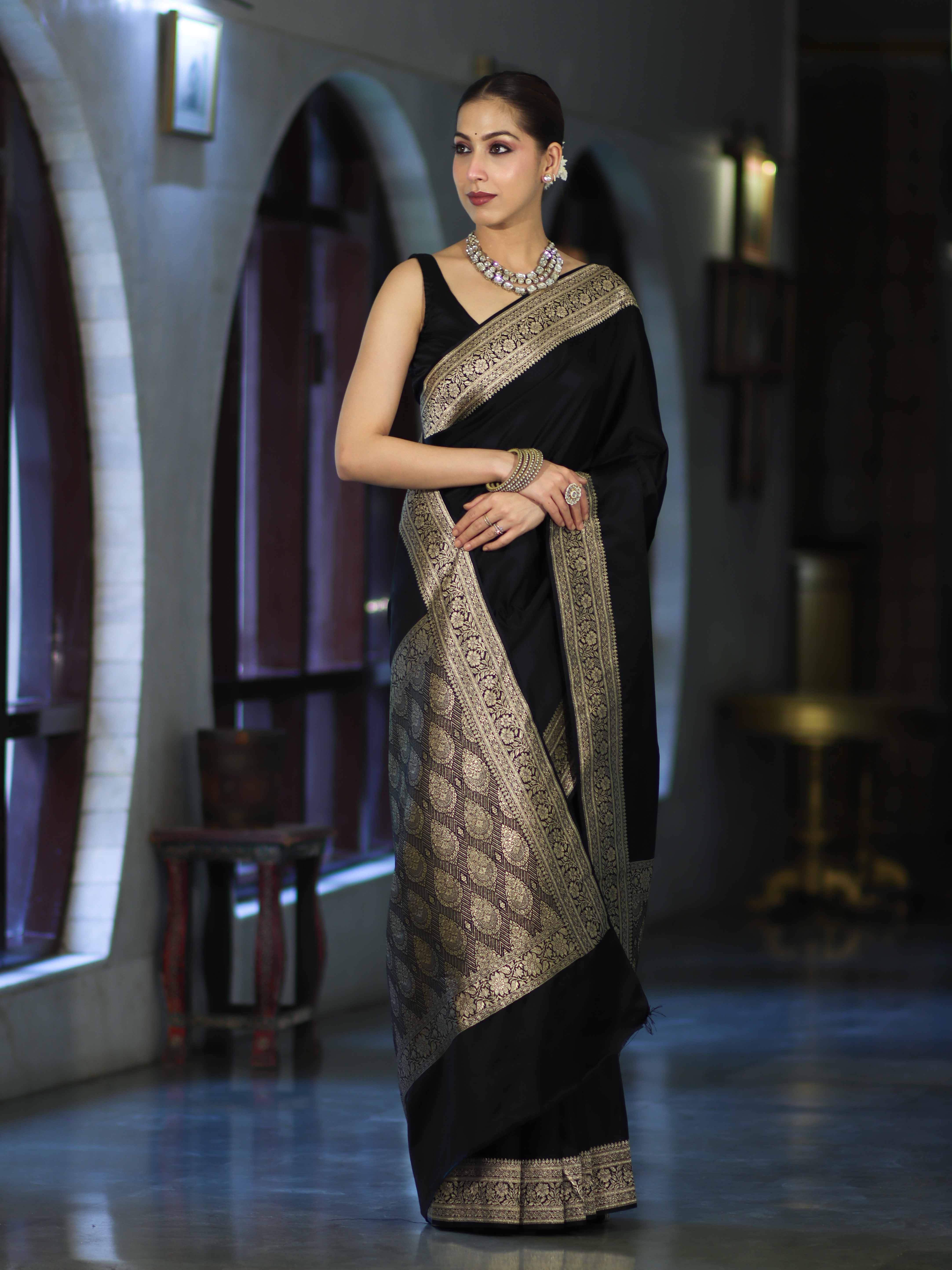 Banarasee Handloom Plain Semi Katan Saree With Gold Zari Border-Black