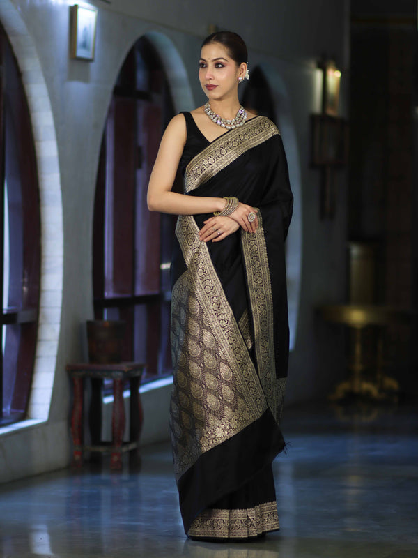 Banarasee Handloom Plain Semi Katan Saree With Gold Zari Border-Black