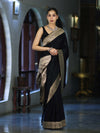 Banarasee Handloom Plain Semi Katan Saree With Gold Zari Border-Black
