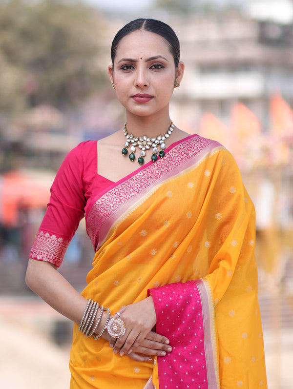 Banarasee Handloom Dupion Silk Saree With Zari Buti Design & Contrast Border-Yellow & Pink