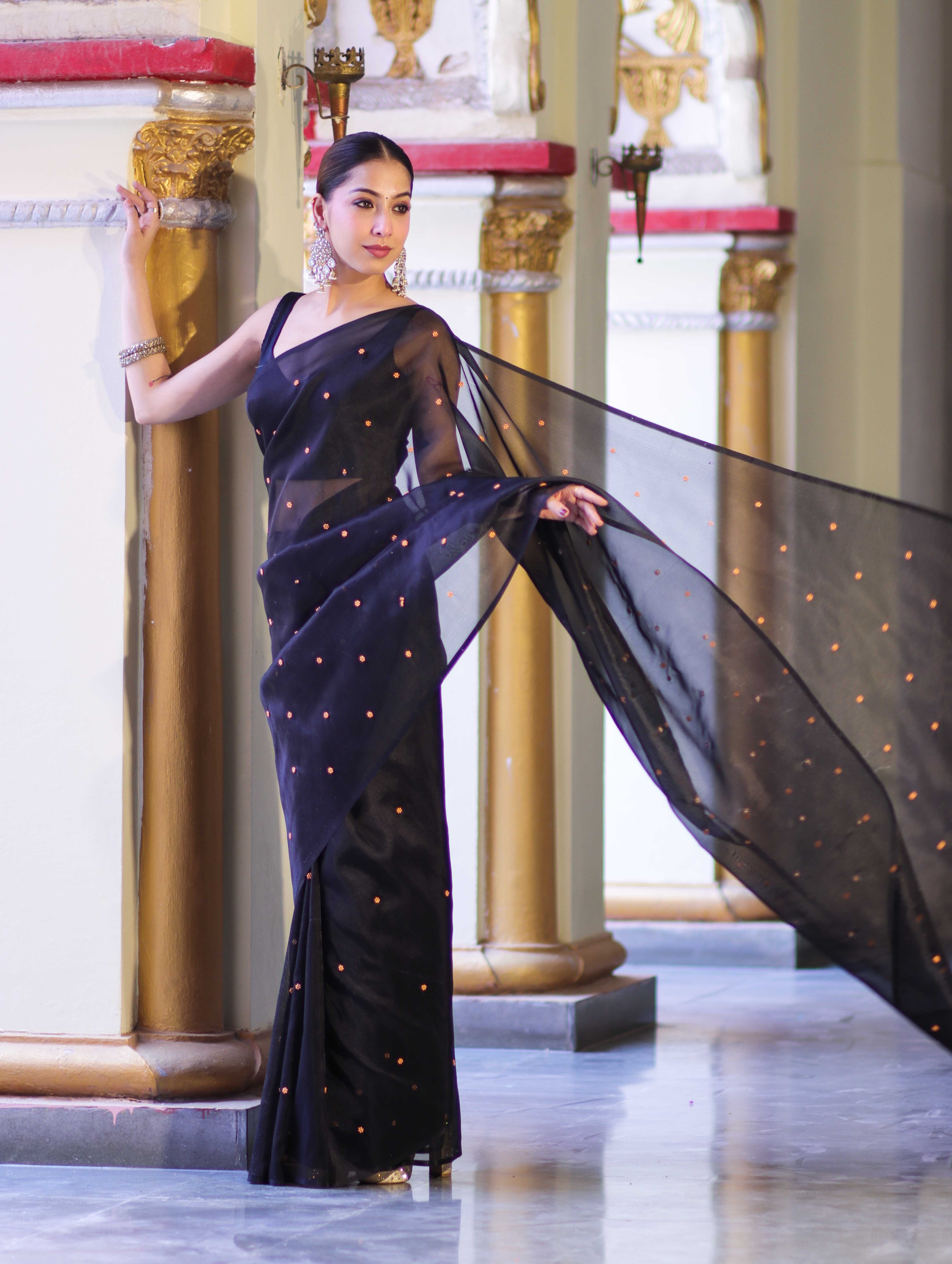 Banarasee Handwoven Tissue Saree With Handwoven Pearl Motifs-Black