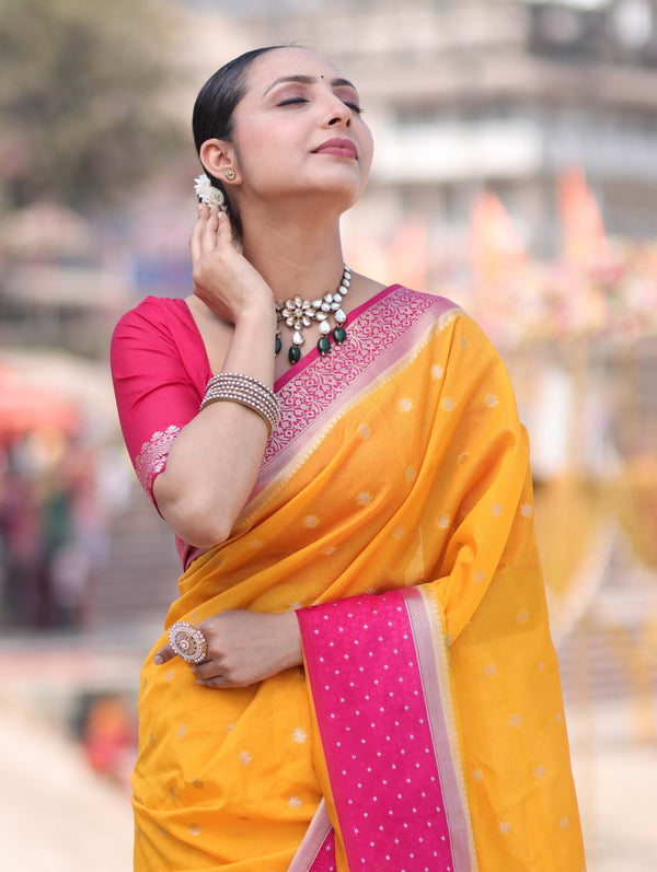 Banarasee Handloom Dupion Silk Saree With Zari Buti Design & Contrast Border-Yellow & Pink