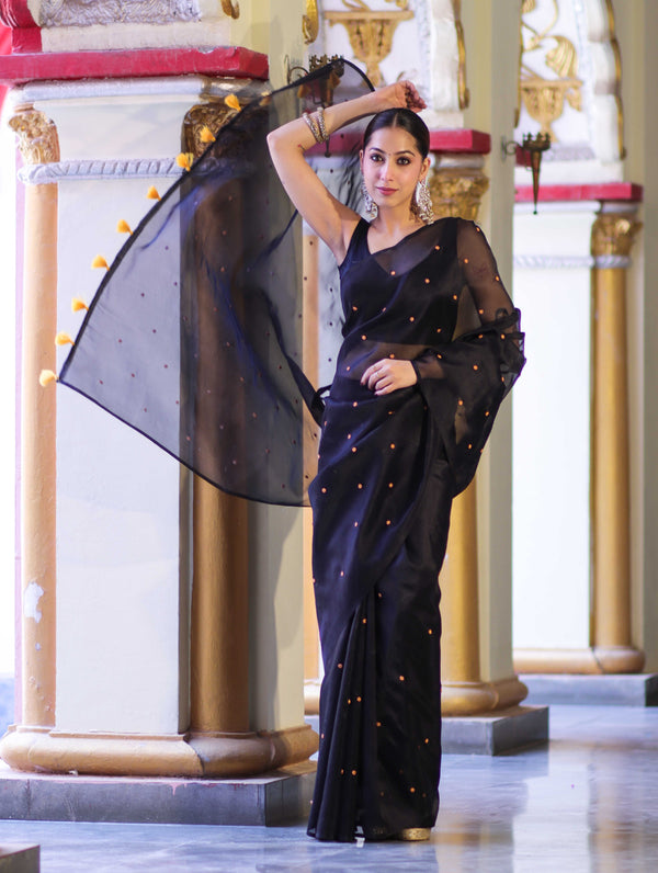 Banarasee Handwoven Tissue Saree With Handwoven Pearl Motifs-Black