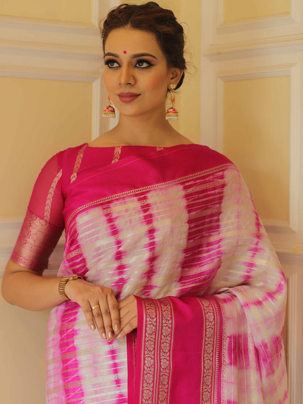 Banarasee Handwoven Soft Semi Silk Saree With Shibori Design-Pink & White