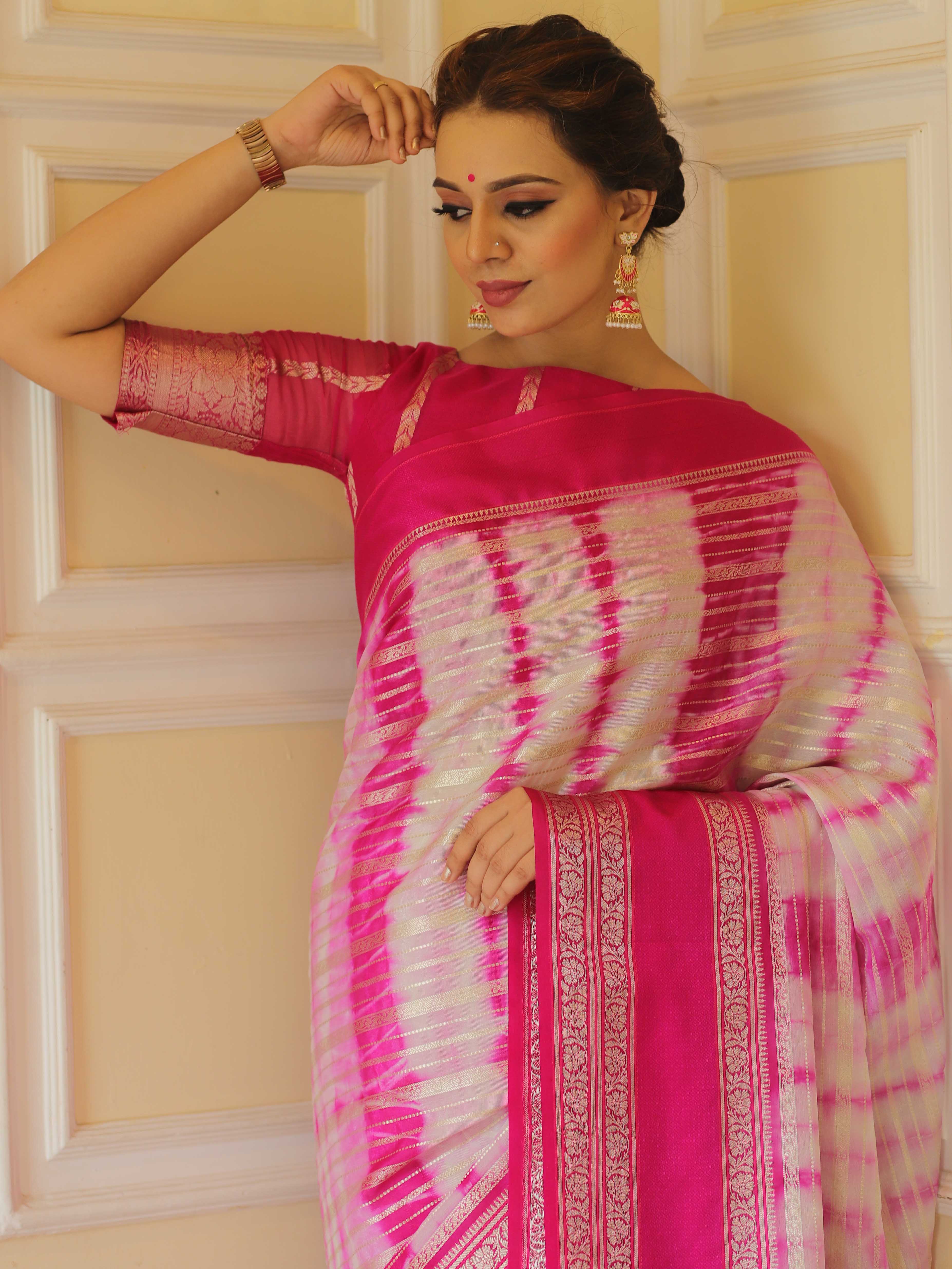Banarasee Handwoven Soft Semi Silk Saree With Shibori Design-Pink & White