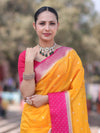 Banarasee Handloom Dupion Silk Saree With Zari Buti Design & Contrast Border-Yellow & Pink