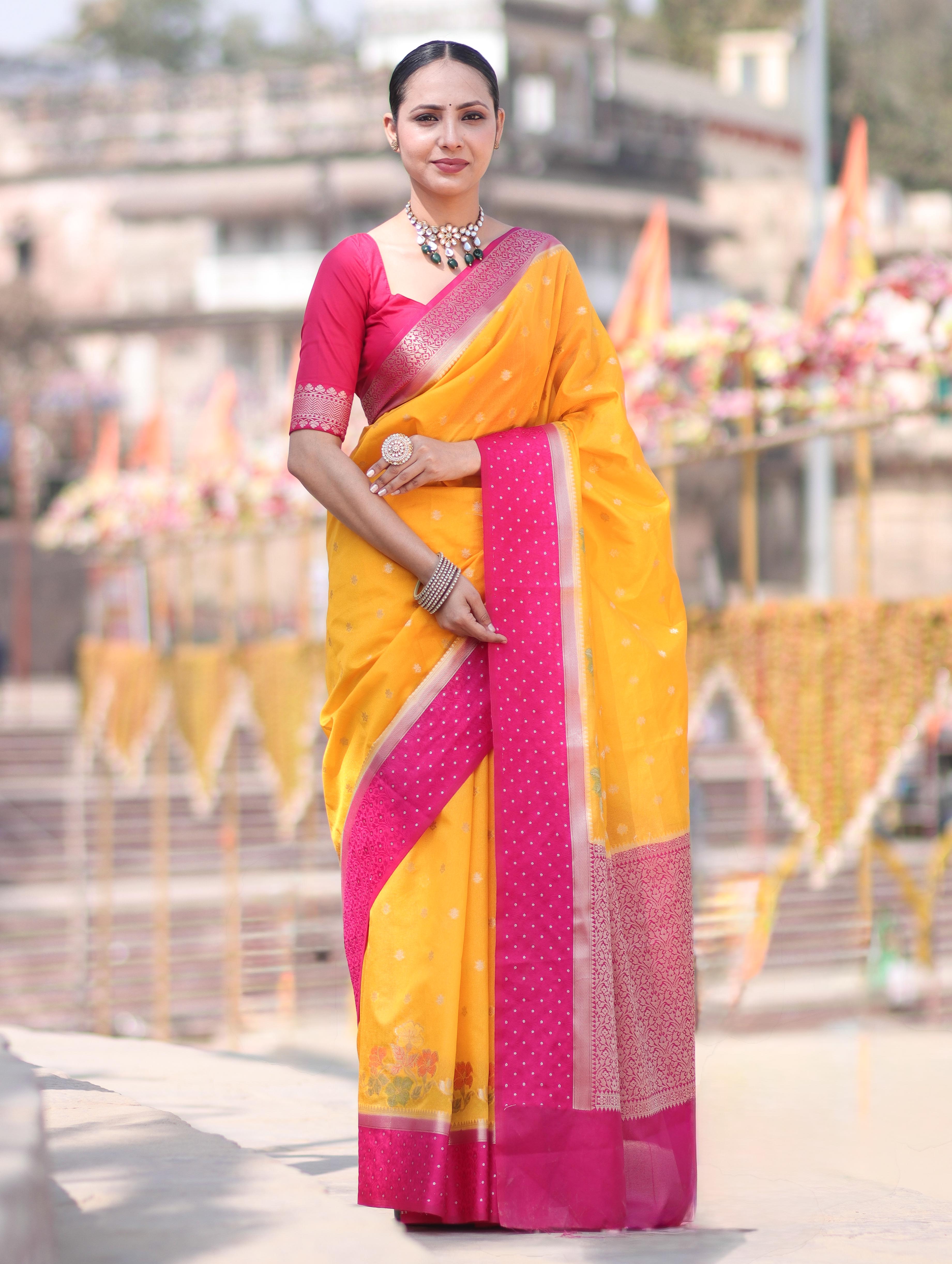Banarasee Handloom Dupion Silk Saree With Zari Buti Design & Contrast Border-Yellow & Pink