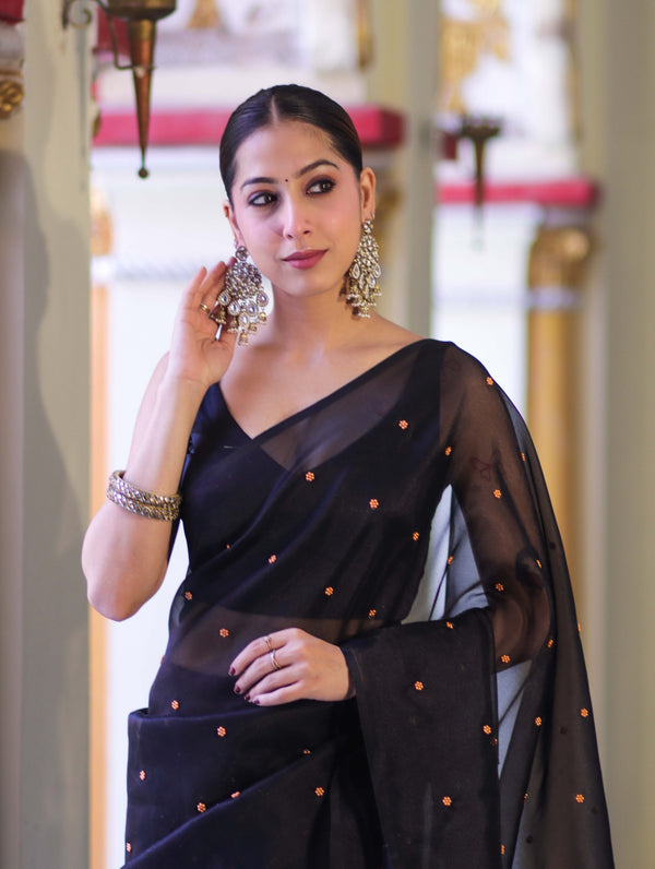 Banarasee Handwoven Tissue Saree With Handwoven Pearl Motifs-Black