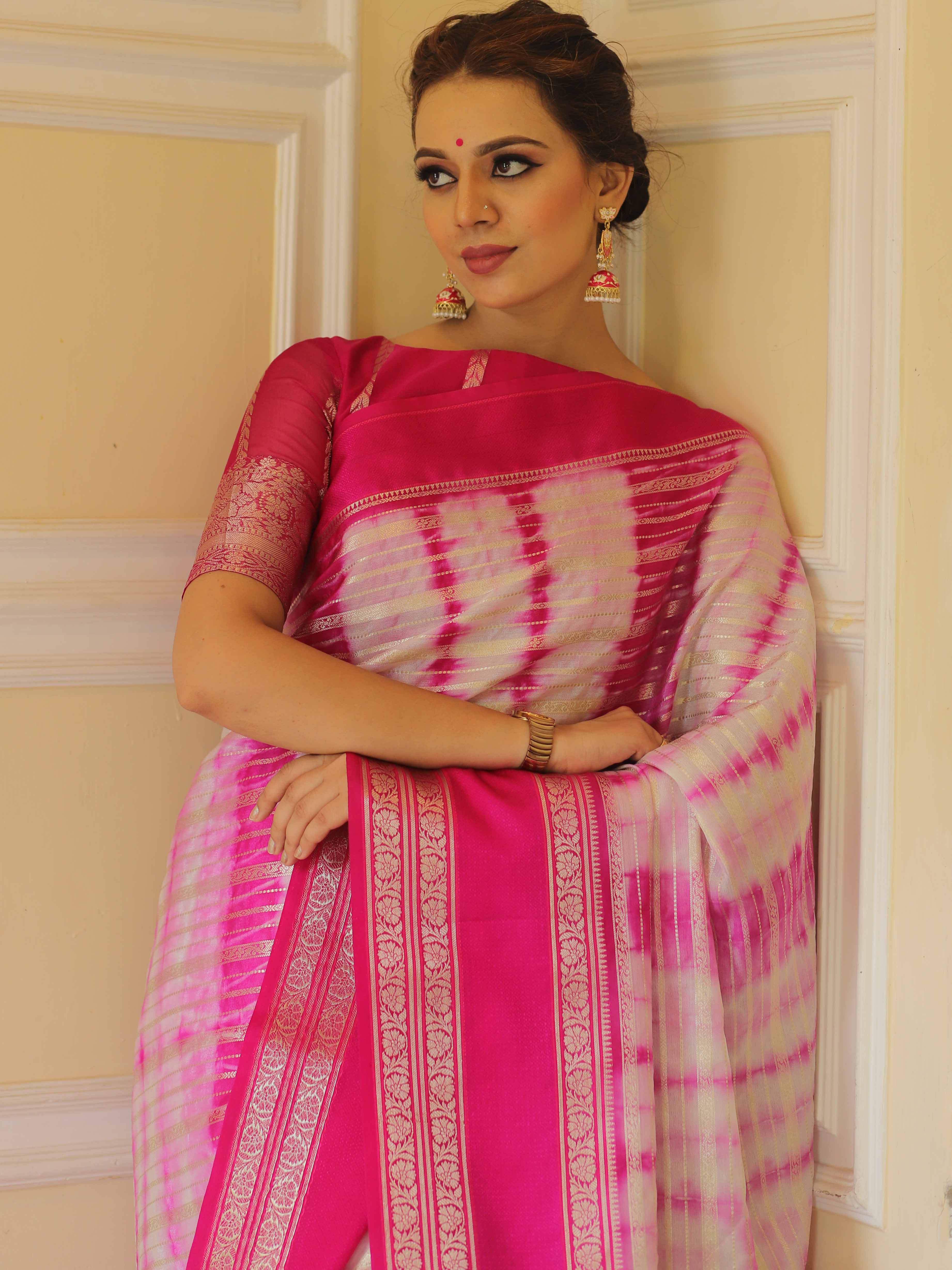 Banarasee Handwoven Soft Semi Silk Saree With Shibori Design-Pink & White