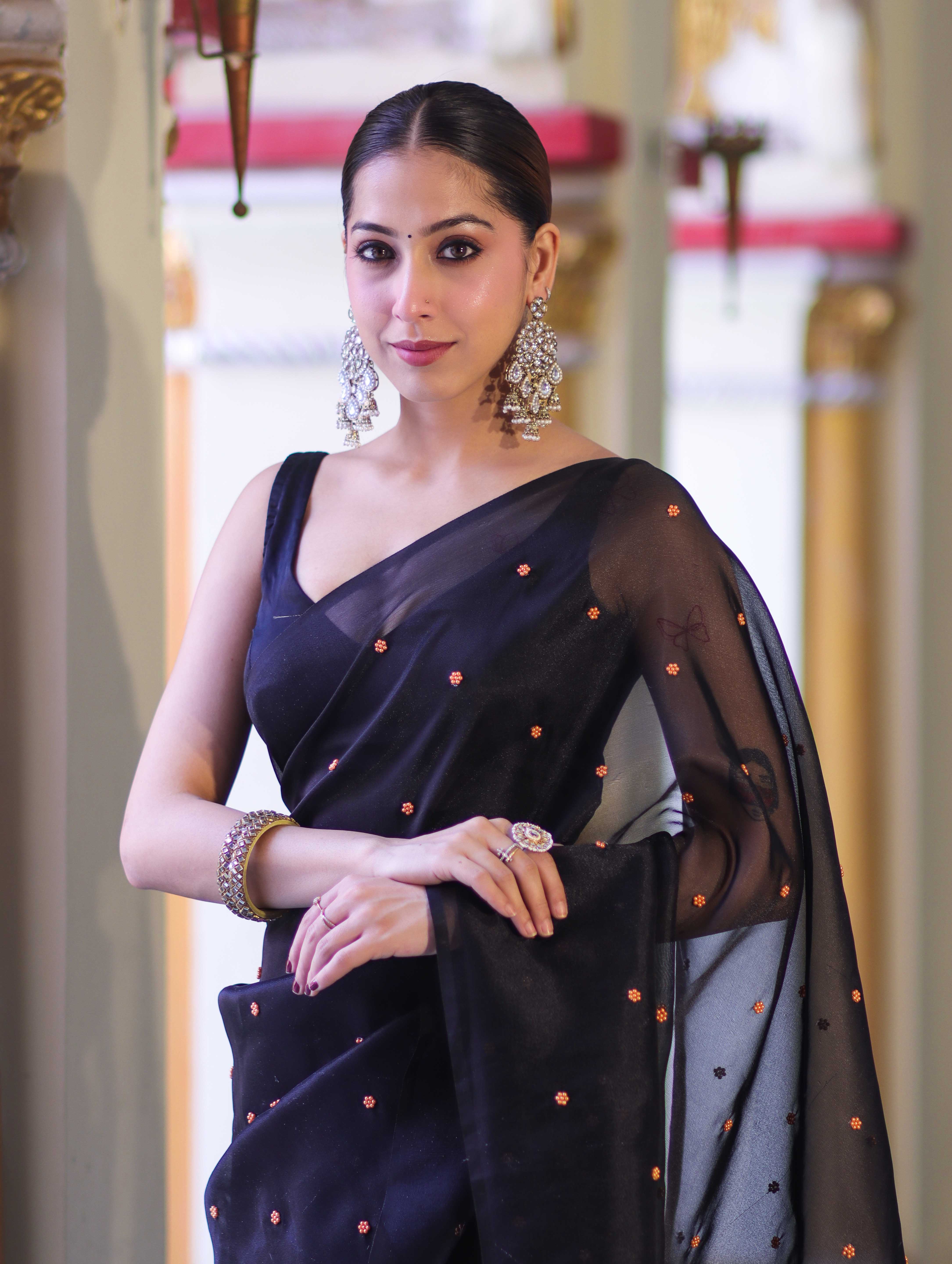 Banarasee Handwoven Tissue Saree With Handwoven Pearl Motifs-Black