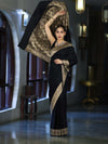 Banarasee Handloom Plain Semi Katan Saree With Gold Zari Border-Black