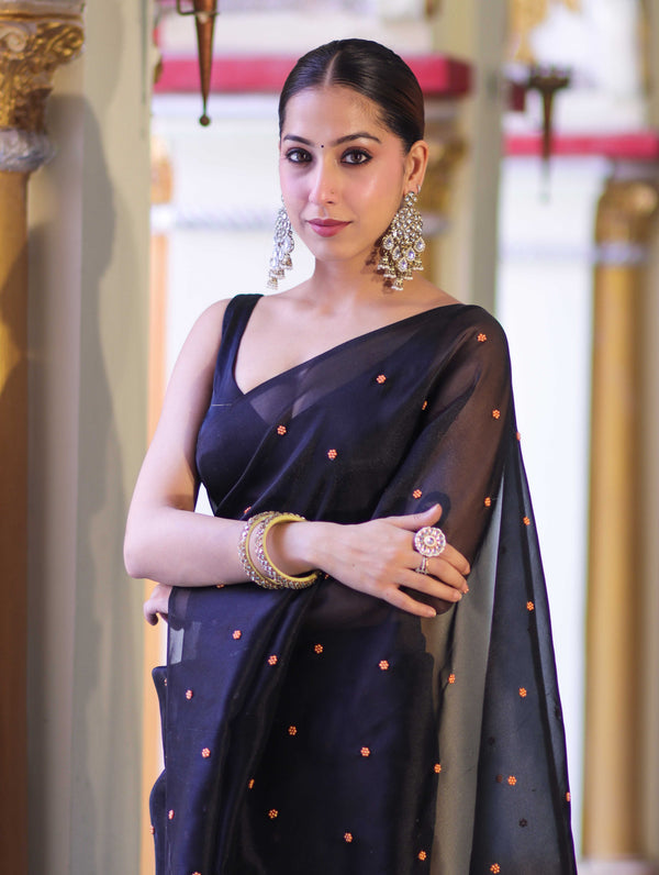 Banarasee Handwoven Tissue Saree With Handwoven Pearl Motifs-Black