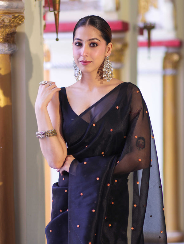 Banarasee Handwoven Tissue Saree With Handwoven Pearl Motifs-Black