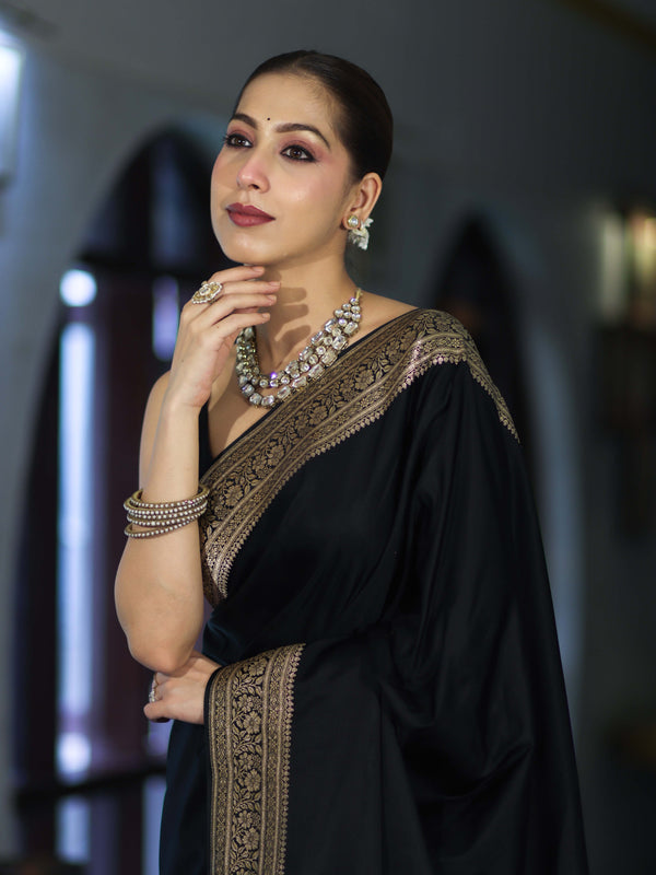 Banarasee Handloom Plain Semi Katan Saree With Gold Zari Border-Black