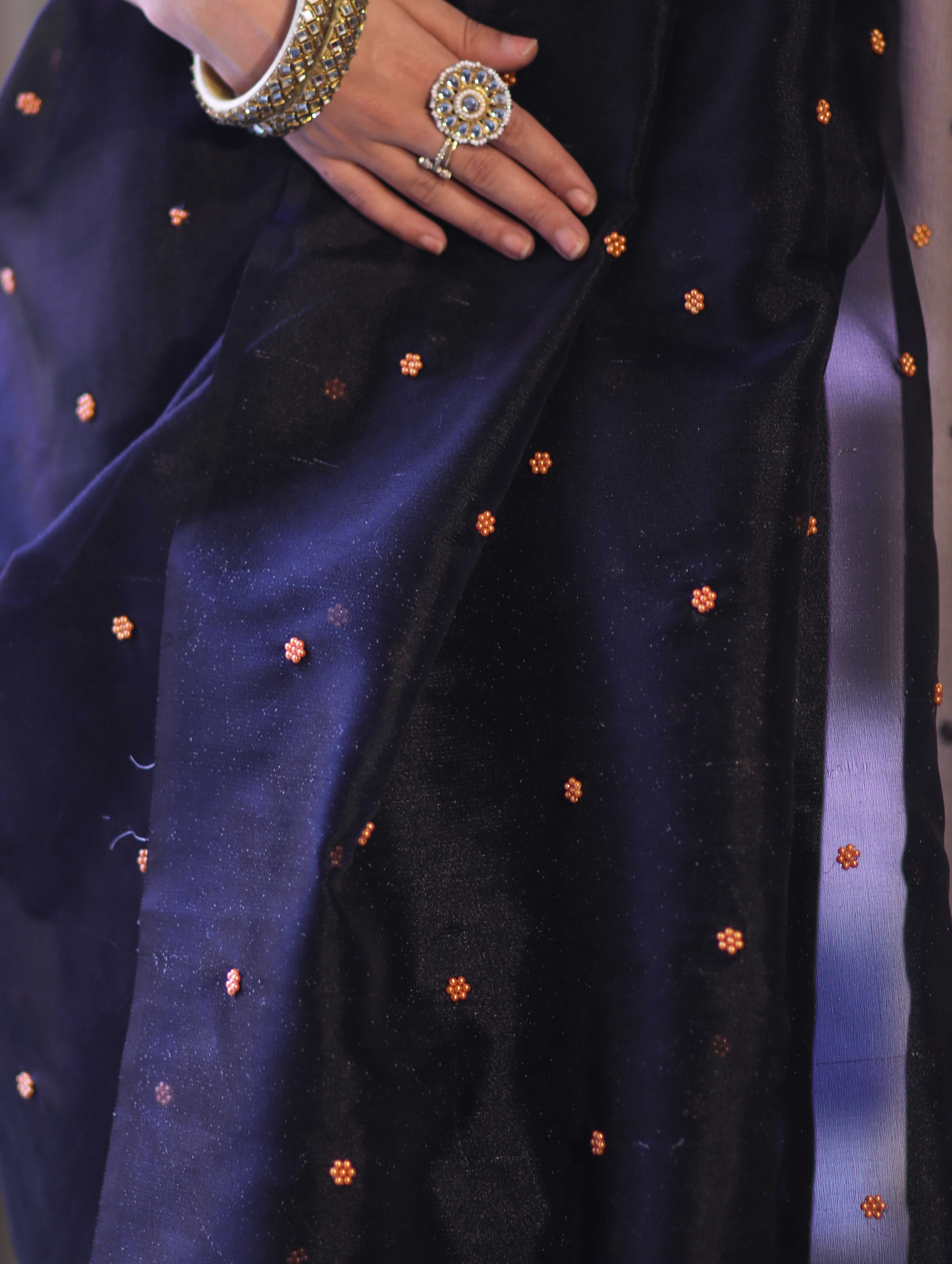 Banarasee Handwoven Tissue Saree With Handwoven Pearl Motifs-Black