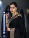 Banarasee Handloom Plain Semi Katan Saree With Gold Zari Border-Black