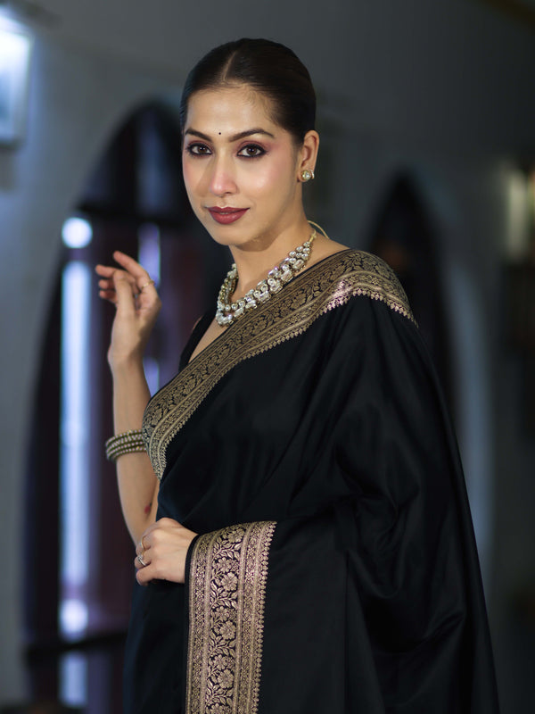 Banarasee Handloom Plain Semi Katan Saree With Gold Zari Border-Black