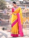 Banarasee Handloom Dupion Silk Saree With Zari Buti Design & Contrast Border-Yellow & Pink