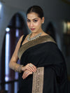 Banarasee Handloom Plain Semi Katan Saree With Gold Zari Border-Black