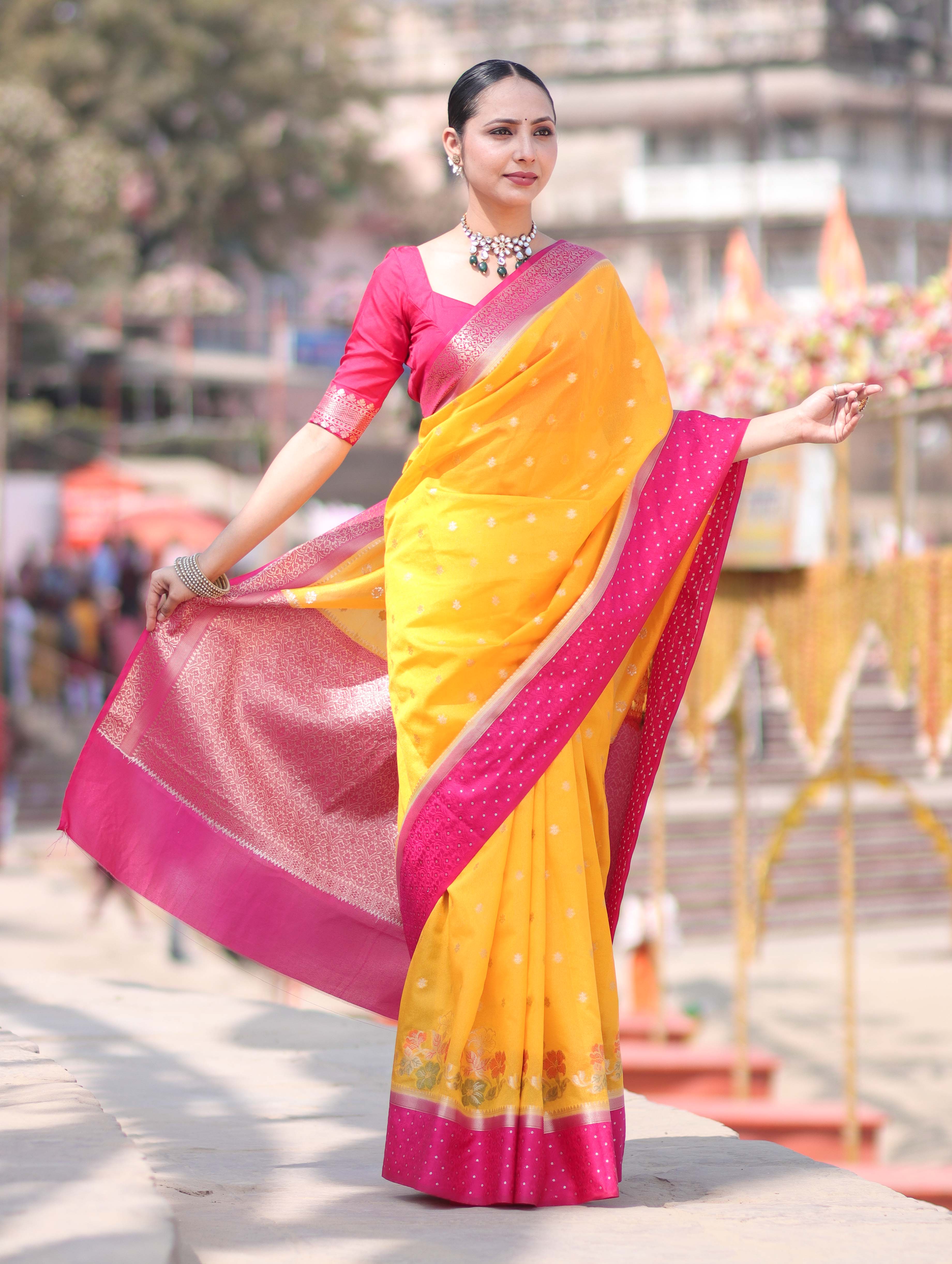 Banarasee Handloom Dupion Silk Saree With Zari Buti Design & Contrast Border-Yellow & Pink