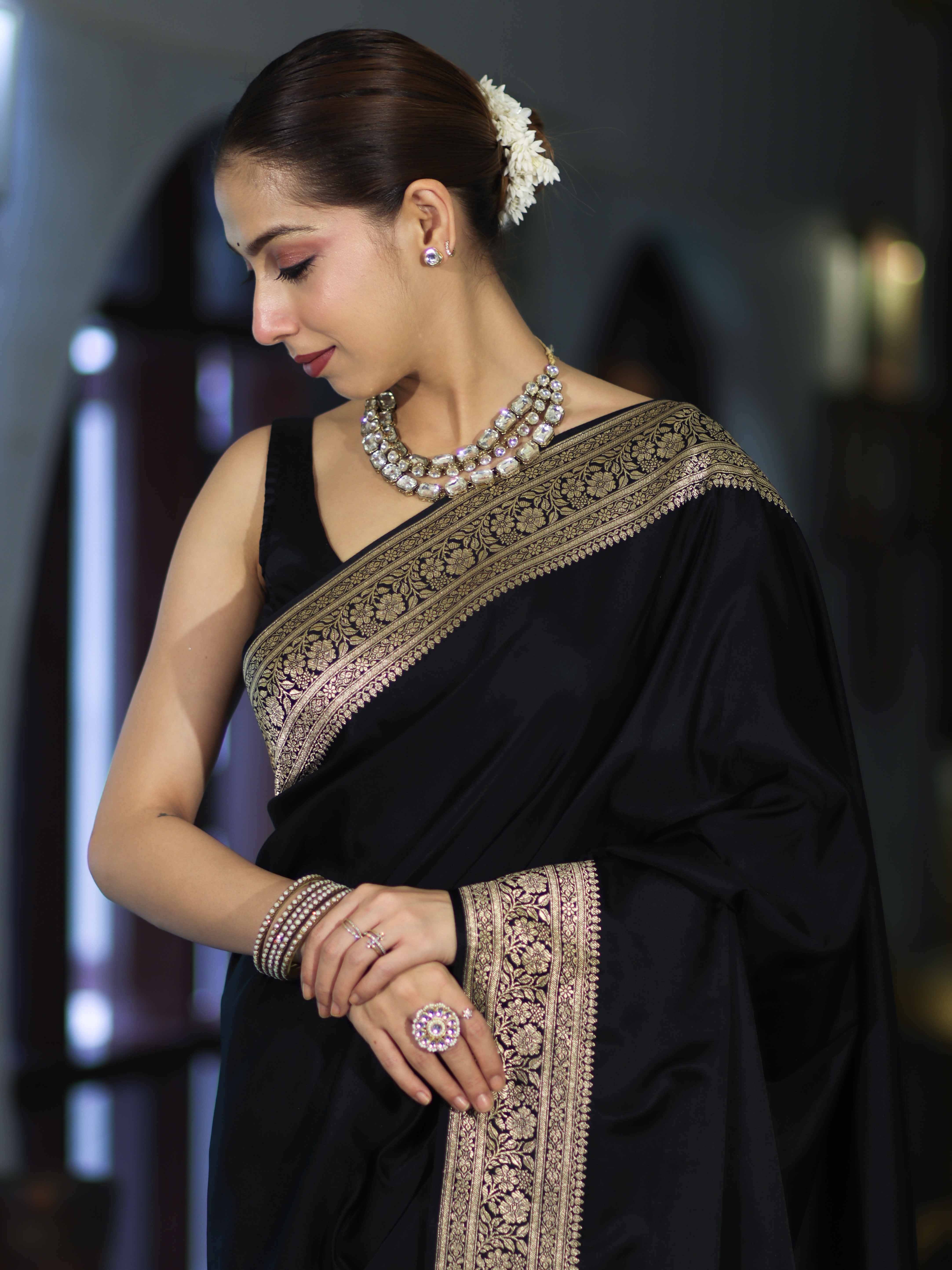 Banarasee Handloom Plain Semi Katan Saree With Gold Zari Border-Black