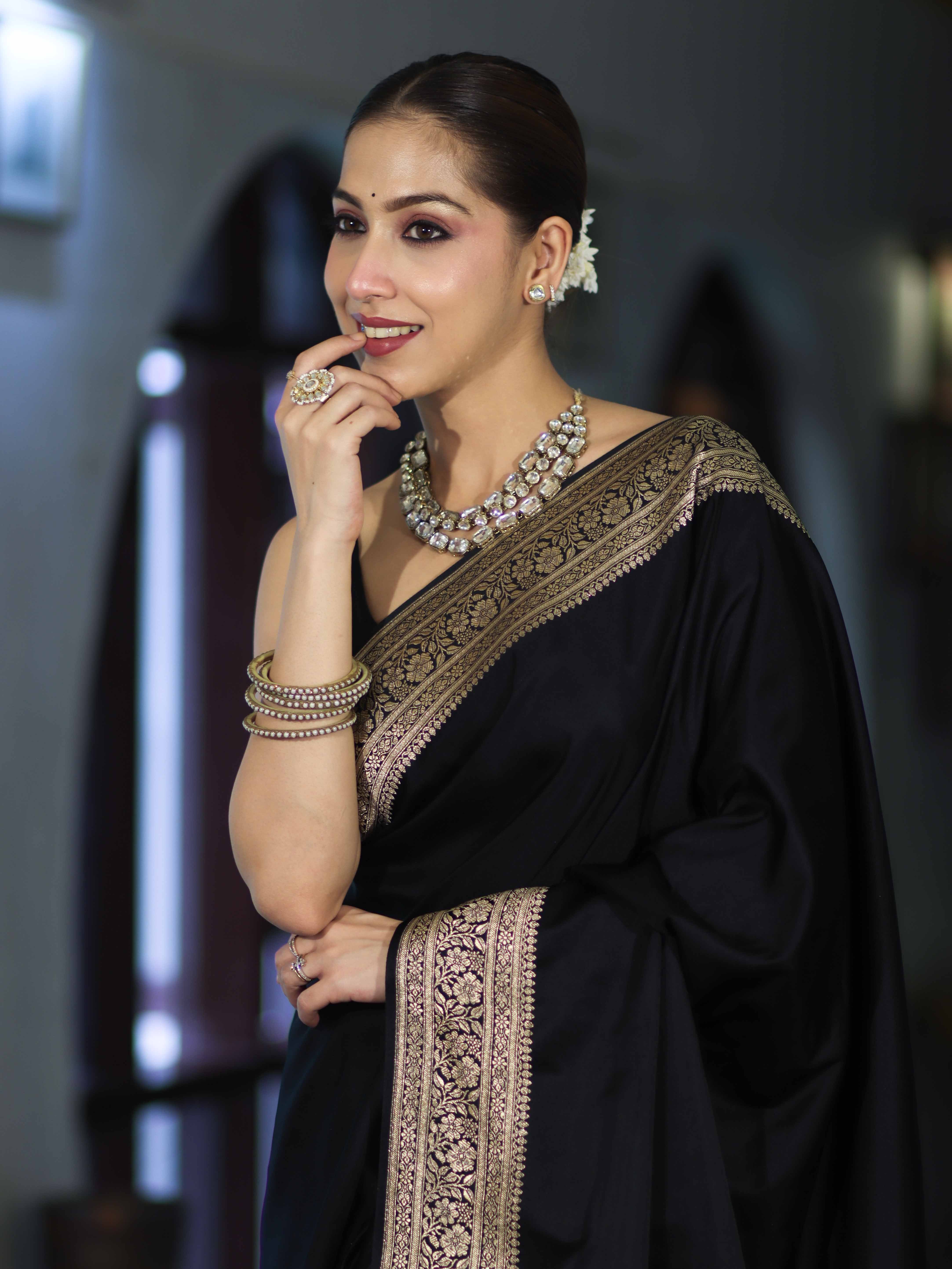 Banarasee Handloom Plain Semi Katan Saree With Gold Zari Border-Black