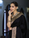 Banarasee Handloom Plain Semi Katan Saree With Gold Zari Border-Black