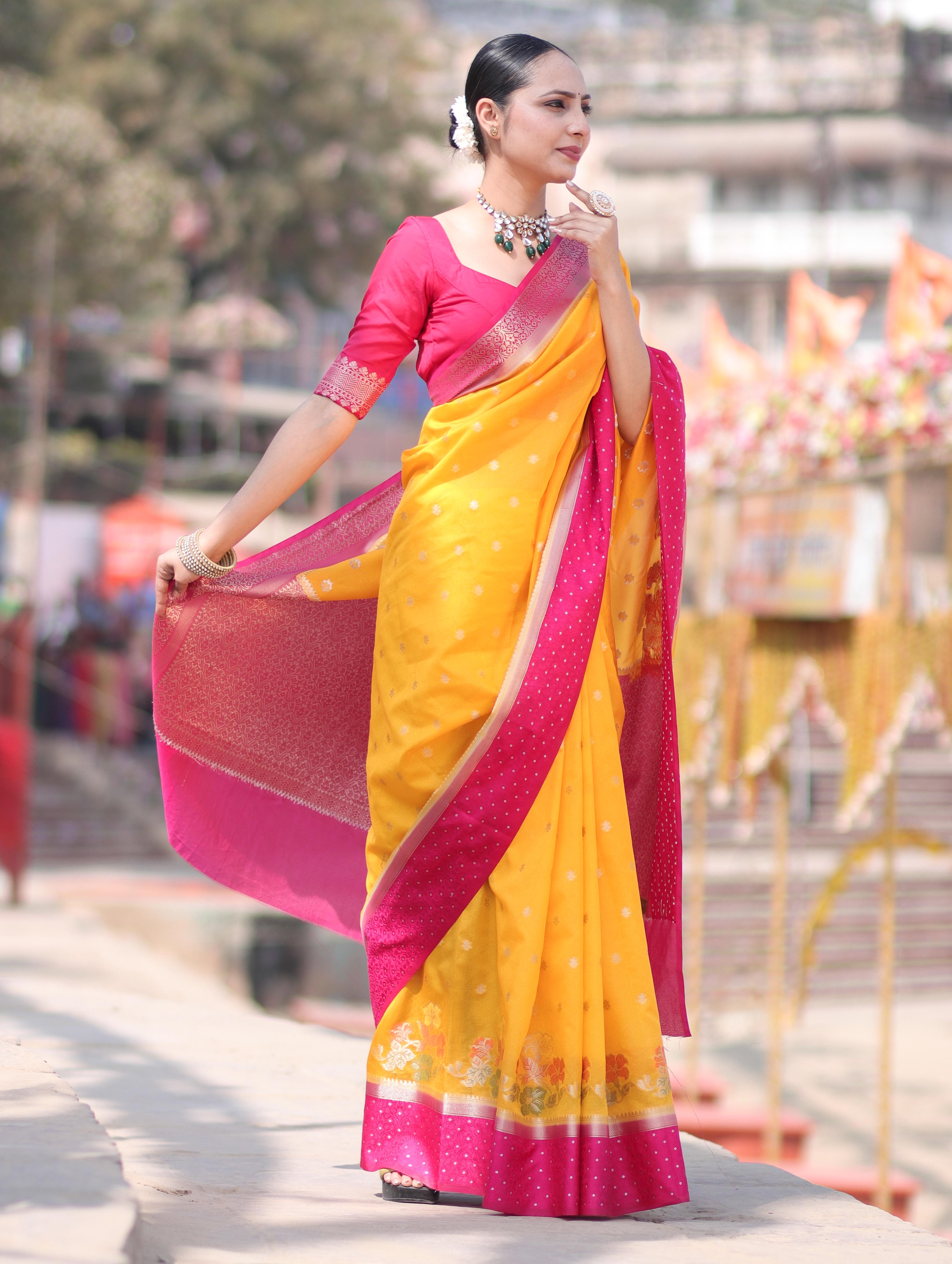 Banarasee Handloom Dupion Silk Saree With Zari Buti Design & Contrast Border-Yellow & Pink