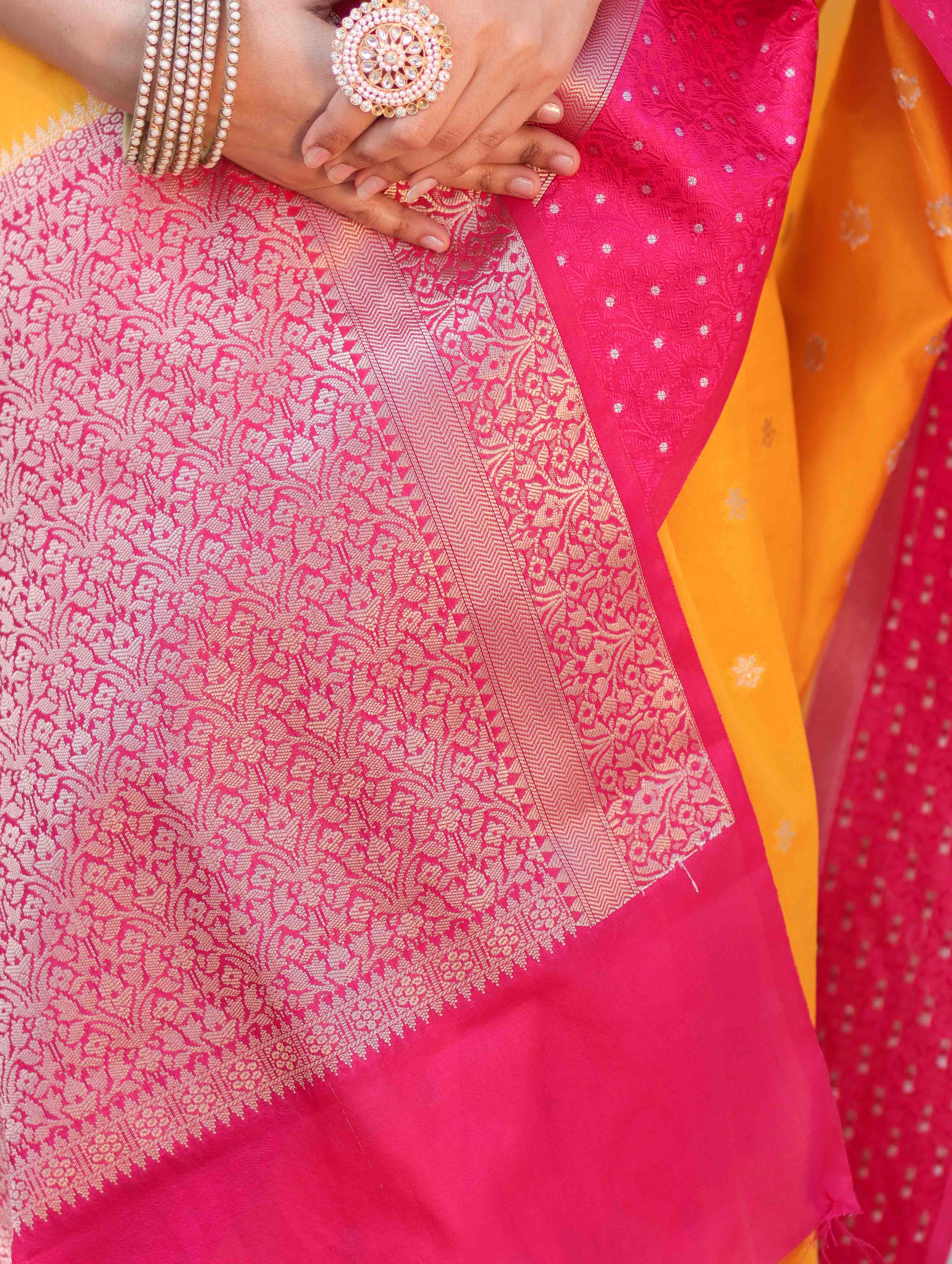 Banarasee Handloom Dupion Silk Saree With Zari Buti Design & Contrast Border-Yellow & Pink