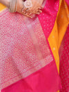 Banarasee Handloom Dupion Silk Saree With Zari Buti Design & Contrast Border-Yellow & Pink